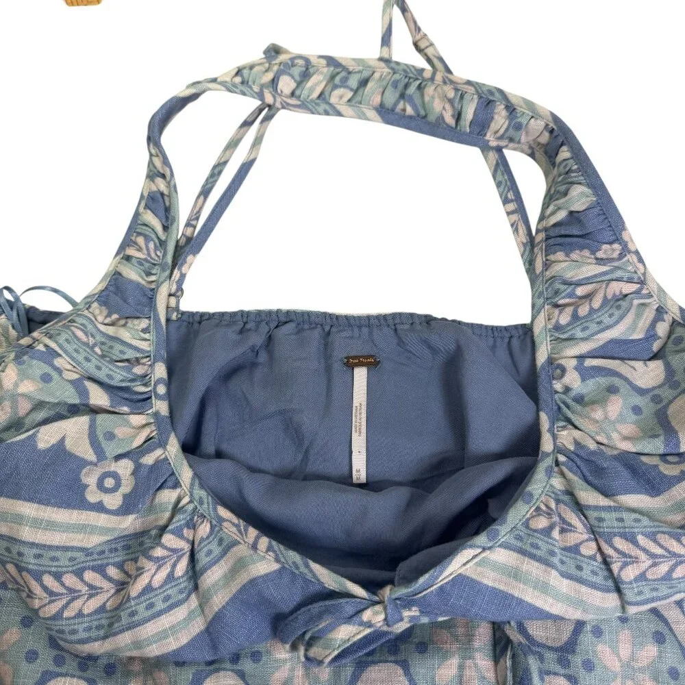 Free People Linen Blend Halter Mini Dress Blue Boho Floral Stripe Pattern Size M - Picture 10 of 12